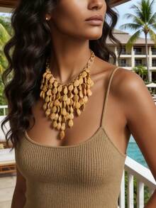 1pc Tropical Vacation Style Metal Chain Resin Water Drop Tassel Pendant Necklace, Suitable For Women Beach Holiday Wear - Yellow - View 1