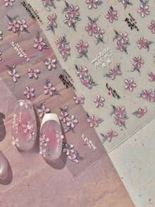 1pc Delicate Pink Flower Cluster Five-Petal Floral Plum Blossom Camellia Branch 5D Shiny Adhesive Nail Art Sticker Manicure Decals - Multicolor - View 3