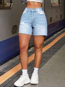 Quần short denim rách thời trang thường ngày dành cho nữ tuổi teen, mùa hè. - Rửa nhẹ - Xem 5
