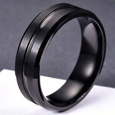 1pc 8mm Black Stainless Steel Slanted Edge Engagement Ring, Men's Wedding Band
