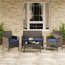 4-Piece Outdoor Furniture Set, PE Rattan Wicker Chairs With Soft Cushions & Tempered Glass Coffee Table - All-Weather Patio Set For Garden, Backyard, Porch, Poolside - Brown/Blue - View 7