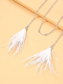 1pc Metal Chain Face Jewelry With White Feather Tassel, Party Accessory - Silver - View 6