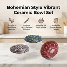 3/6 pezzi Ciotole in stile boho in ceramica, capacità 4,5 pollici, adatte per avena, yogurt, dessert, insalata, zuppa, frutta, popcorn, snack, stoviglie pratiche per casa, cucina, ristorante, festa, lavastoviglie, forno, microonde - Multicolore - Visualizzare 9