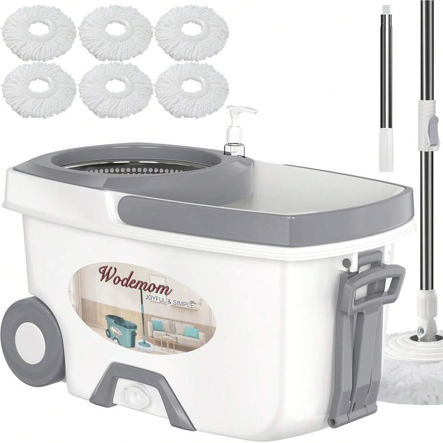 2026 Hot Spring Summer Popular Mop And Bucket With Wringer Set, Spin Mop And Bucket Floor Cleaning System, 61" Extended Long Handle Household Cleaning Tool With 6 Replacement Microfiber Refills, Wet & Dry Mop For Hardwood, Tile, Vinyl & All Hard Surfaces, Elegant White Color, Perfect For Home Kitchen Office Daily Use, Birthday Party, Holiday Cleaning & Ideal Festival Birthday Gift For Family, Friends, Homeowners - Xô lau nhà màu trắng + 6 đầu lau nhà - Xem 1