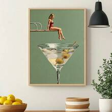 1 tranh canvas/khung tranh chủ đề "Người phụ nữ mặc đồ uống Martini xanh bẩn trên ván nhảy" phong cách retro mùa hè, quầy bar, tranh nghệ thuật siêu thực, trang trí nhà cửa theo phong cách Dopamine, tranh vintage cho phòng ngủ, phòng khách, phòng ngủ, trang trí nhà hiện đại. - A - Xem 3