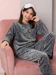 Children's Plush Teddy Pajamas For Winter, Cold Weather, Closed - Light Grey - View 1