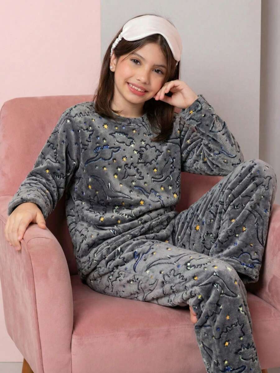 Children's Plush Teddy Pajamas For Winter, Cold Weather, Closed - Light Grey - View 1
