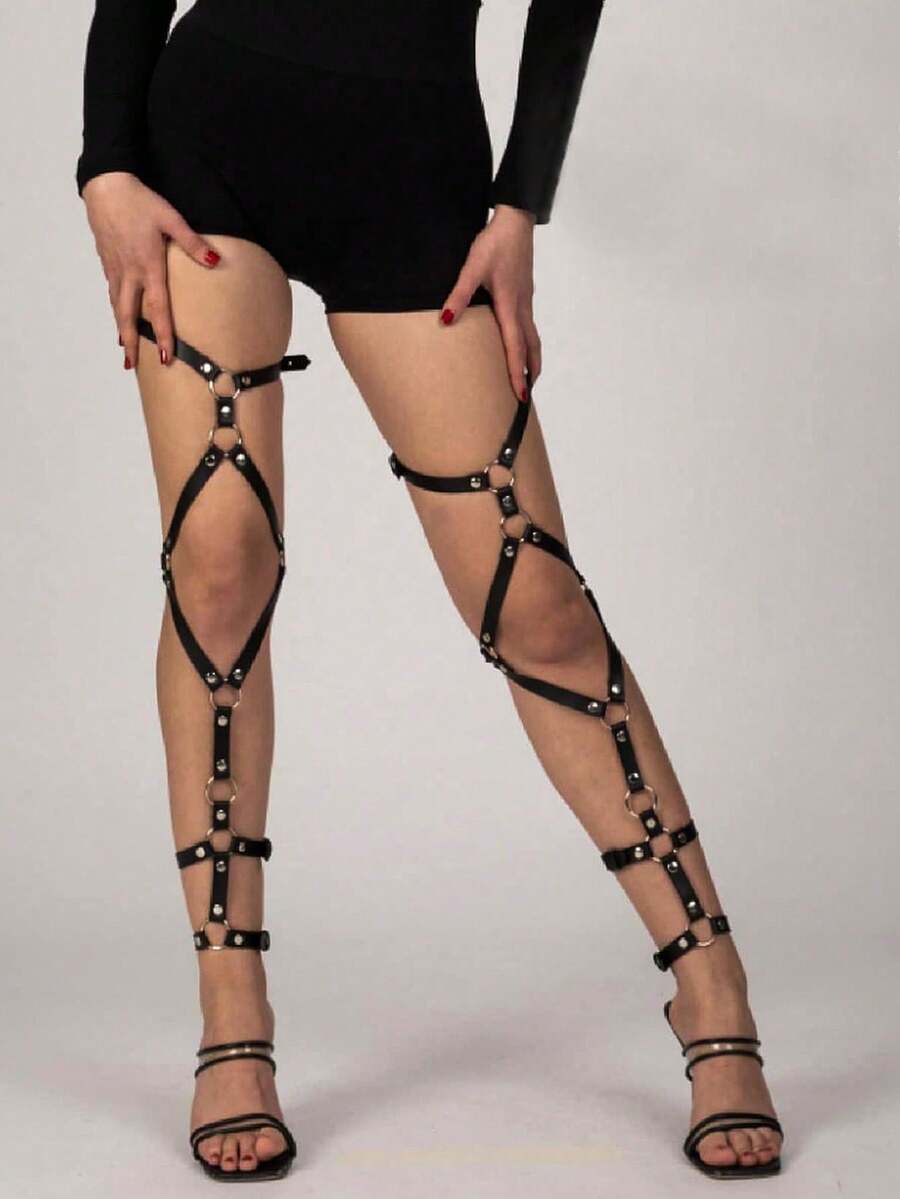 1件装女士腿部吊袜带，黑色PU皮革腿部绑带，性感腿部束缚吊袜带，适合假日和派对穿着 - 黑色 - 查看 1