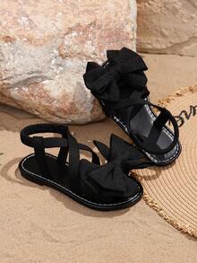 1 Pair Girls' Flat Sandals, Solid Soft Fabric With Bow Decor, Round Toe Slip-On Soft Non-Slip Elastic Design, Fashionable Bohemian Cute Princess Style Beach Sandals, Suitable For Daily Casual, Campus, Holiday Wear, Spring/Summer New Arrival - Black - View 4