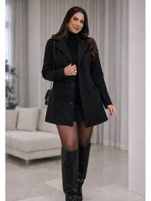 Women's Wool Overcoat, Long Sleeve, Elegant, Comfortable, Long Blouse, Autumn/Winter Fashion, Casual Coat, Formal Jacket - 黑色 - 查看 2