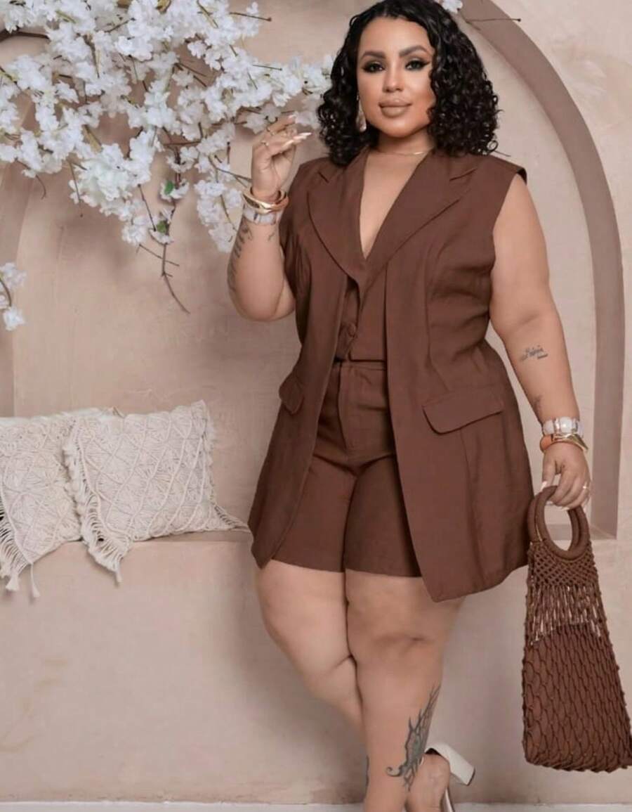 Women's Premium Plus Size Double Vest And Shorts Set - 鏽棕色 - 查看 1