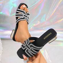 女士镶钻厚底凉拖鞋，方头套脚休闲中跟鞋 - 黑色 - 查看 8