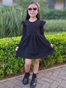 Vestido Inverno Infantil e Juvenil para Meninas e Adolescentes Tricot com Detalhes no Tecido Manga com Frufru Babado Manga Longa Outono e Inverno (VINF433) - Preto - Visão 1