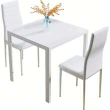 Glass Table And Chairs Set 2, 75cm Square Table With 2 Faux Leather High Back Chairs Modern Dining Room Sets For Home Kitchen Office - White - View 10