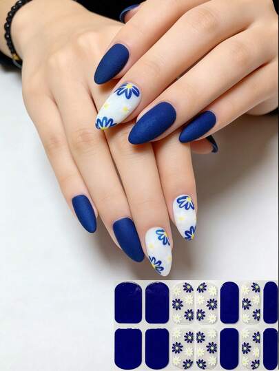 New 3D Blue Floral Nail Stickers, DIY Combination Nail Art Decorations, Almond Shaped Nails