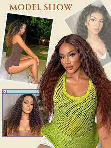 无胶卷发假发，预剪黑色卷发合成蕾丝前假发，26英寸，4x1中分蕾丝闭合假发，升级版，采用类似纤维，黑色深波浪假发，女士款 - 彩色 - 查看 5