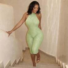 2026 Women's New Solid Color Sexy And Elegant High Neck Backless Seven Part Tight Jumpsuit - màu xanh lá - Xem 5