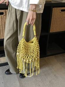 Handmade Hollow Woven Tassel Bag, Beaded Decor Handbag, Casual Commuter Sweet Style Women's Bag, Ins Woven Tote Bag, Tassel Beaded Hollow Women's Bag, Daily Commute Versatile Small Purse - Yellow - View 10