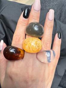 4 件套复古彩色椭圆形树脂戒指，不对称透明扎染厚戒指，适合日常、派对、度假佩戴 - 彩色 - 查看 6