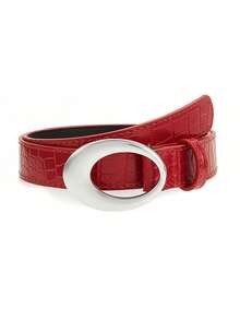 1pc Women's Crocodile Pattern Belt, Silver Buckle Western Jeans Y2K Punk Belt, Black And Red Women's Belt - Crocodile-patterned Silver Buckle - View 7