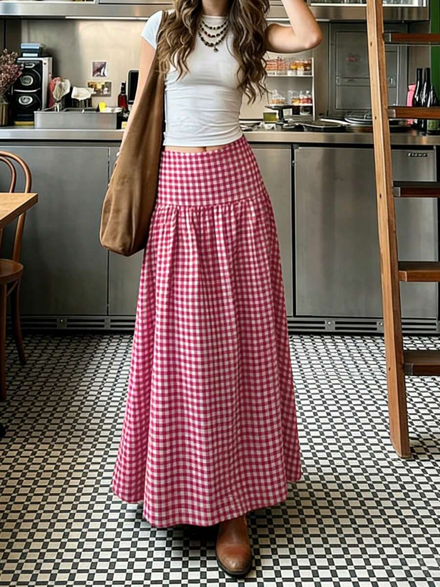 Elegant Casual College Style Plaid Midi Skirt - Pink - View 1