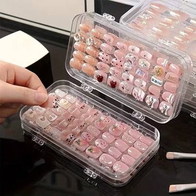 1/3件装美甲板收纳盒，透明三层美甲板展示收纳长盒，专业适用于美甲沙龙、美甲师和家庭美甲沙龙，适合存放美甲贴片、珠宝和水钻，带粘性胶带