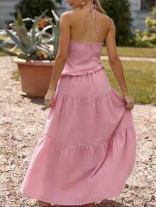 Bộ đồ nữ mùa xuân/hè thời trang thanh lịch thường ngày hiện đại kiểu thành thị gồm áo sơ mi cổ bẻ xếp ly buộc dây bất đối xứng và chân váy xếp tầng ba tầng, trang phục công sở thường ngày cho nữ, bộ đồ hai mảnh mùa hè thường ngày cho nữ, bộ đồ hai mảnh màu hồng cho nữ, bộ đồ hai mảnh dự tiệc thường ngày. - Hồng - Xem 7