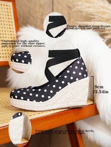 Women's Wedge & Platform Slip-On Espadrille Shoes, Black Round Toe Vacation Beach Woven Strap Sandals, Vacation Rope Sole Elastic Band Paired With Women's Shoes - Black - View 8