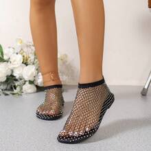 2026 Nuevos Sandalias planas casuales de verano con punta redonda suave, calcetines de red de pescar con rhinestones, transpirables y de talla grande - Negro - Ver 7