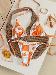 QKJ Bộ bikini nữ họa tiết trái cây cam phối ren, áo bikini tam giác buộc dây bên hông, quần bikini cạp thấp, kiểu dáng gợi cảm, thích hợp cho kỳ nghỉ hè đi biển. - trái cam - Xem 2