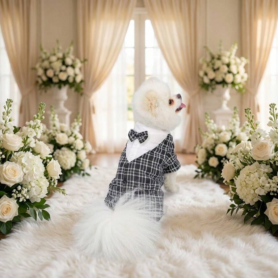 Bộ đồ cho chó cưng (1 bộ), kiểu dáng thanh lịch và sang trọng với họa tiết kẻ caro cổ điển, cổ áo thắt nơ tinh tế, chất liệu không co giãn, phù hợp cho chó và mèo cỡ nhỏ/cỡ trung bình, quà tặng đám cưới. - màu đen - Xem 1