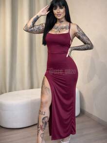 Marsala Women's Long Suplex Dress With Padded Cups, Open Back, Laced Detail, And Sensual Slit. - Redwood - View 3