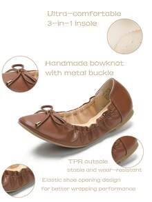 AKSKATE Women's Ruffled Bow Round Toe Flats | Comfortable Soft Sole Slip On Shoes | Versatile For Office, Commute, Date & Daily Wear - Brown - View 3