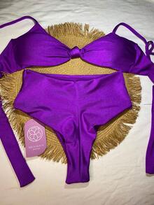 Trilobal Sport Bikini Set With Knot Top And Hot Pant Bottoms – Comfort And Style For Summer - Purple - View 3