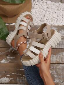 Giày sandal nữ đế xuồng cao, thoáng khí, gót dày, kiểu dáng retro, chất liệu dệt kim, thích hợp cho sinh hoạt hàng ngày. - màu trắng nhạt - Xem 3
