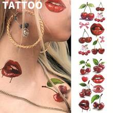 Pegatinas de tatuaje temporal a prueba de agua de labios de color rojo cereza, estampado de lazo rosa, patrón de llama roja vívida, accesorios de fiesta de frutas, tatuajes de arte corporal para el brazo para mujeres y hombres, aplicables al cuello, muñeca, cara, hombro, abdomen, pierna - Rojo - Ver 6