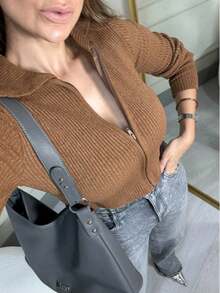 Ribbed Cropped Knit Cardigan Jacket With Zipper Collar - 摩卡棕 - 查看 1