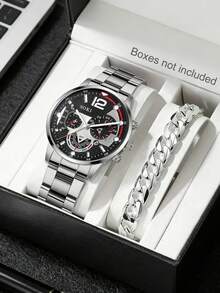 一套男士手表，带日历功能，休闲时尚，阿拉伯数字圆形表盘石英表，配有表带，适合日常佩戴、生日礼物、返校礼物、感恩节礼物、浪漫场合礼物，最佳礼品（不含包装盒） - 銀色 - 查看 9