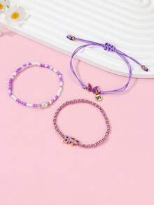 Bộ 3 vòng tay handmade đính hạt cườm hình bướm tráng men và ngọc trai giả dành cho trẻ em, thích hợp để đeo hàng ngày, làm quà tặng hoặc quà dịp lễ. - Màu tím - Xem 3