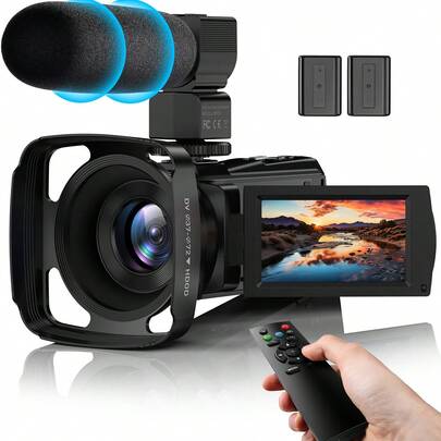 Nicamery FHD 1080P 2400万像素 3.0英寸 270度旋转屏幕 16倍数码变焦摄像机，带麦克风、遥控器和2块电池