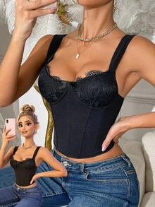 Top Cropped Bralette Feminino com Alças Largas e Recortes em Renda Preta - Preto - Visão 4