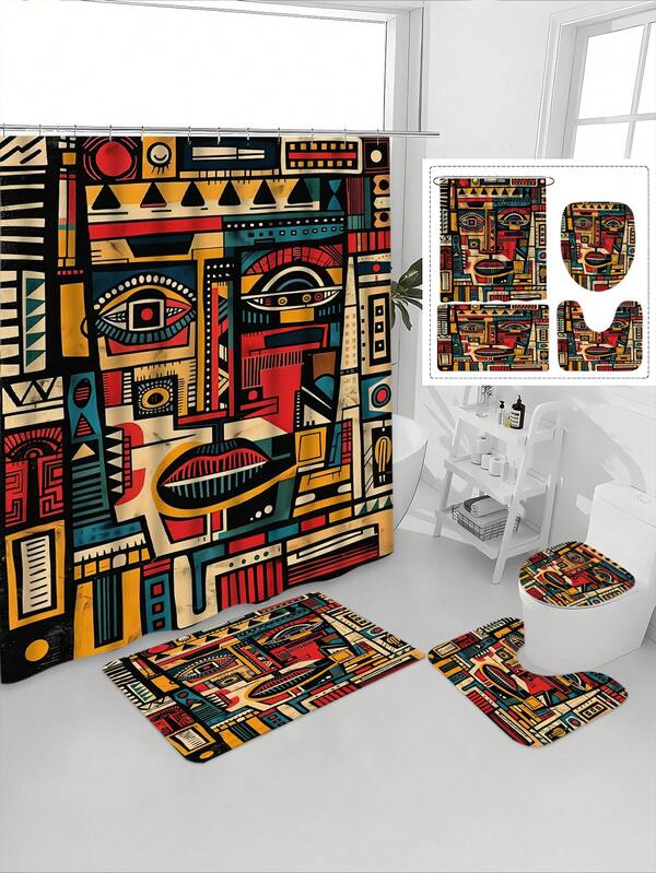 1/4pcs Picasso Style Abstract Pattern Printed Waterproof Bathroom Curtain Set, Tranquil & Healing, Waterproof & Mildew Resistant, Thick Polyester, No Drill Installation, Anti-Slip Mat, Absorbent Toilet Pad, Digital Printing, Fade Resistant, Machine Washable, All Season, Holiday Limited Edition