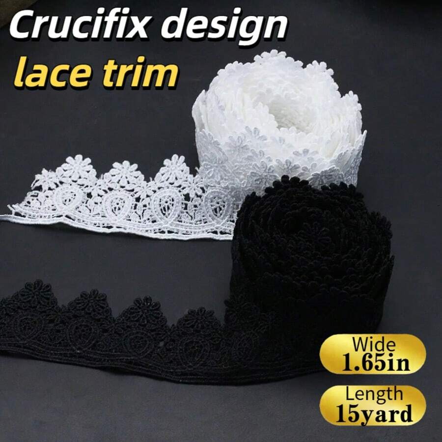 15 Yards, 4.2cm Wide, White And Black Lace Ribbon With Embroidered Trim, Suitable For Crafts, Dresses, Gift Wrapping, Weddings, Home Decor, Sewing And Knitting - Multicolor - View 1