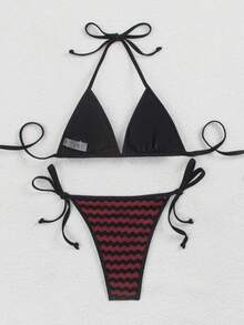 Bộ bikini nữ họa tiết zigzag cổ điển, áo yếm buộc dây bên hông, đồ bơi mùa hè. - Đỏ - Xem 4