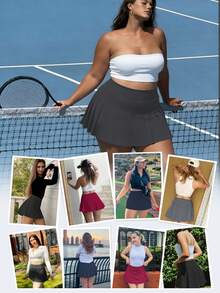 Plus Size Women Fashion Tennis Skort With Side Pockets, Stretchy Soft Fabric Casual Athletic Skirt For Tennis Running Gym Yoga - 深灰色 - 查看 6