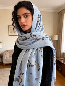 1件复古波西米亚风竹节纱线印花流苏头巾，金色花朵箔片装饰，柔软材质，多功能防晒/防风头巾披肩，适合日常生活/节日派对/宴会等场合。 - 彩色 - 查看 10