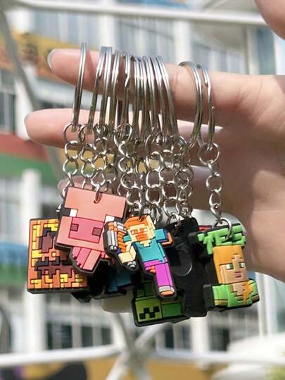 Minecraft 10个装我的世界像素大战主题生日派对礼物软PVC钥匙扣，包含史蒂夫、艾利克斯、苦力怕角色钥匙扣。背包、铅笔盒DIY配件PVC软橡胶装饰品，像素矿工游戏派对用品，汽车挂件、背包挂件，生日、节日、万圣节、圣诞节、周年纪念派对的完美礼物