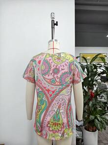 Women Boho Paisley Print V Neck Short Sleeve T-Shirt, Casual Loose Fit Vintage Tee Top, Bohemian Summer Daily Wear Blouse For Vacation - Multicolor - View 7