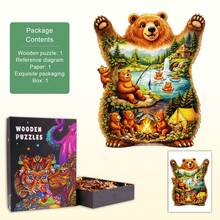 1件 The Lives Of Bears 木製不對稱拼圖，動物造型2D拼圖玩具，適合兒童與成人，教育益智遊戲，派對、節日、聖誕與生日禮物，獨特魔幻桌面裝飾創意木製拼圖禮品 - 彩色 - 查看 2