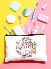 [Multiple Options] Nurse-Themed Colorful "NURSE" Letter And Medical Graphic (E.G. Stethoscope, Syringe) Decorated Cosmetic Storage Bag / "NURSING IS A WORK OF HEART" Heartwarming Slogan Print, White Canvas, Portable Multi-Function Toiletry Bag And Medical Supplies Storage Pouch Make Up Bag Cosmetic Bag Makeup Pouch Wash Bag Makeup Storage Durable Mothers Day Gift Holiday Essentials Mother Gifts - Multicolor - View 8